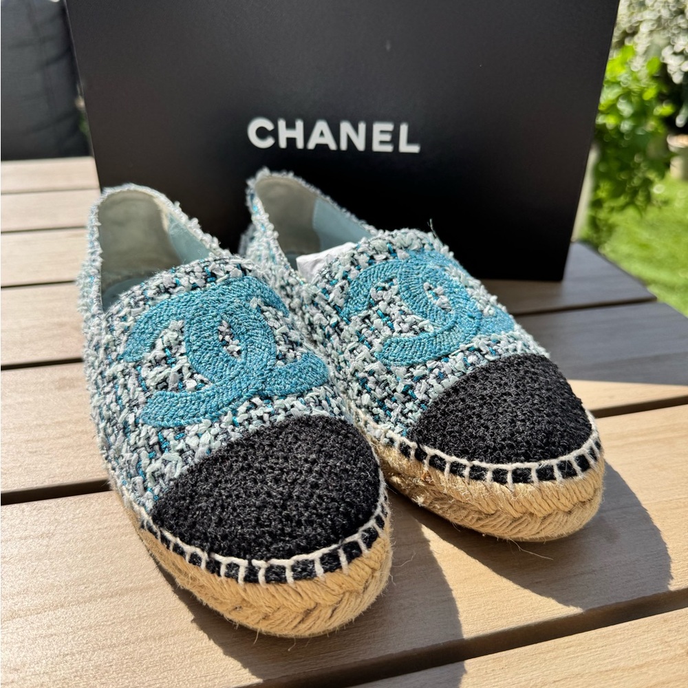 Chanel Blue and Black Tweed Espadrilles